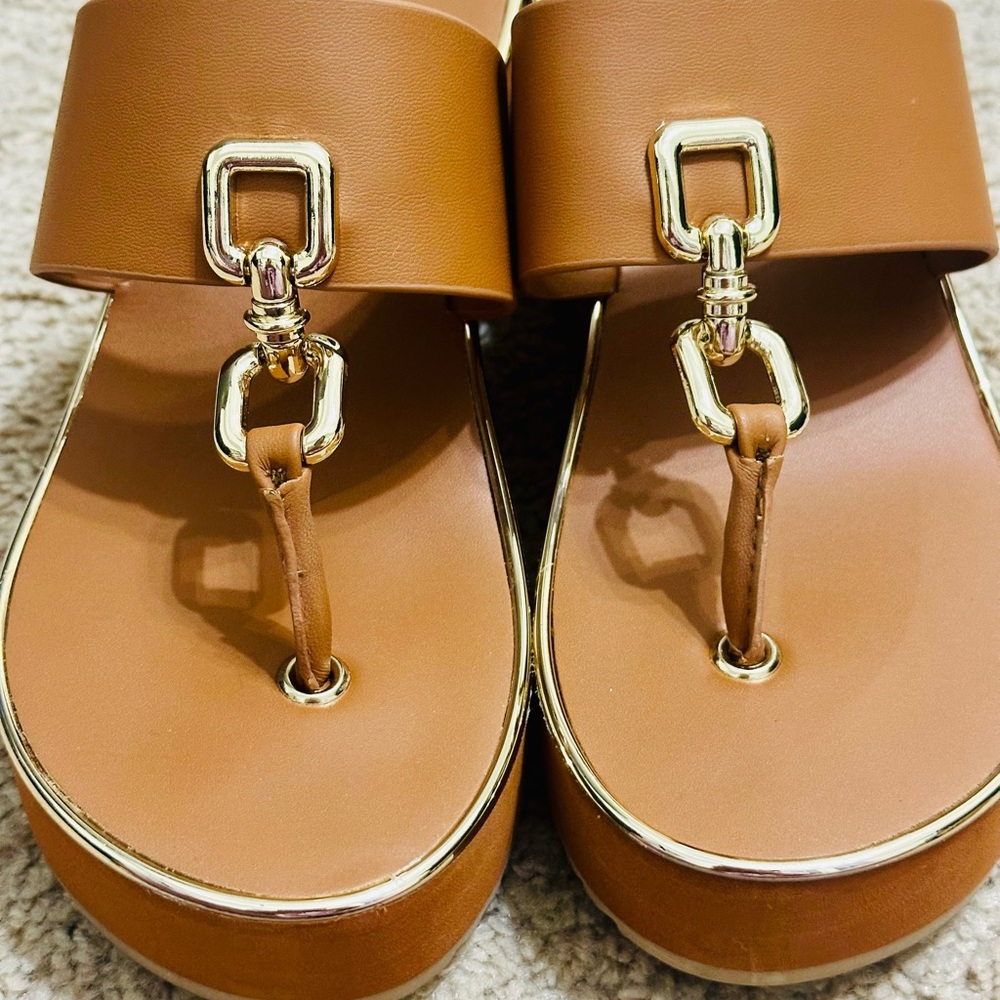 Aldo Tan Leather Sandals with Gold Accents